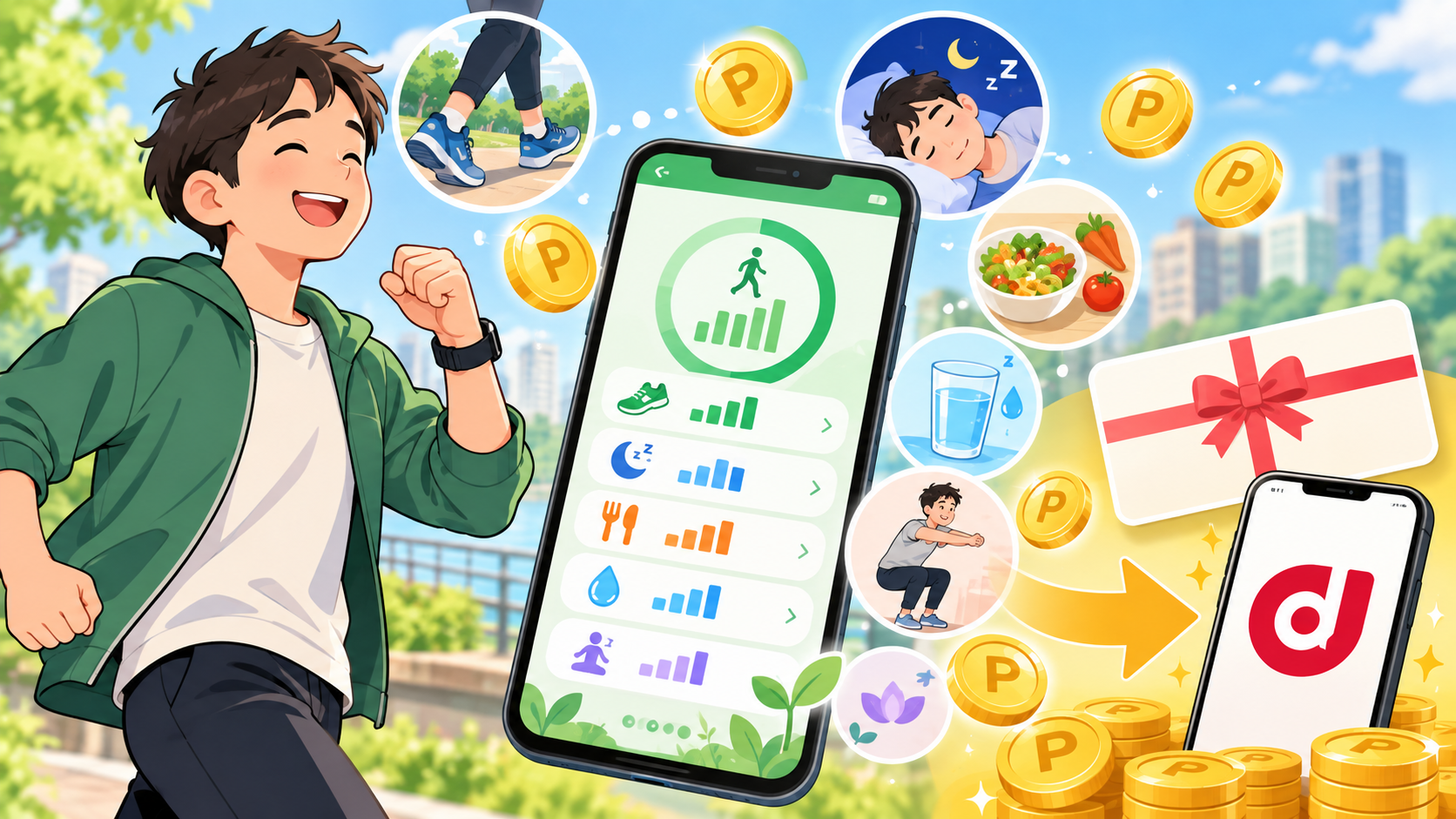 AHEALTHで歩数や睡眠、食事などの健康習慣をポイントに変え、デジタルギフトを経由してdポイントに交換するイメージ