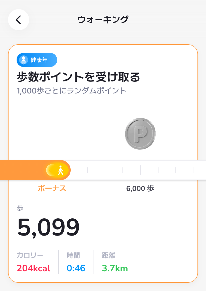 AHEALTHのウォーキングで5,099歩・3.7kmを記録した歩数ポイント画面