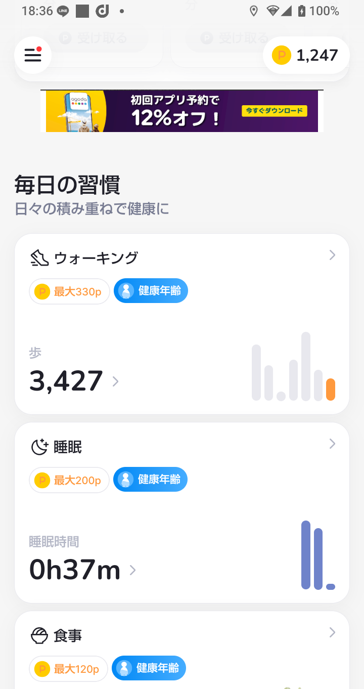 AHEALTHで検証開始時に3,427歩を記録した画面