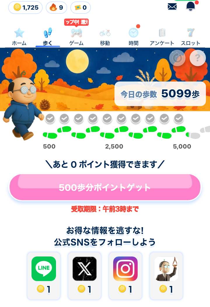 ポイ活アプリ「おぢポ」で5,099歩を記録し歩数ポイントをすべて受け取った画面