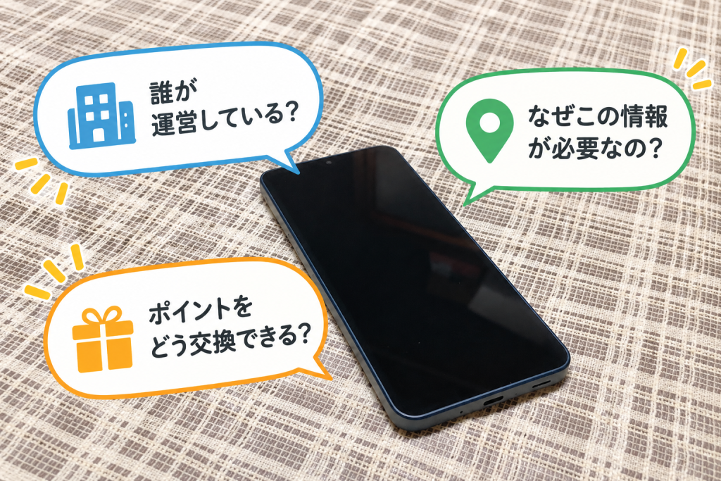 ポイ活アプリの運営会社・必要な情報・ポイント交換方法を確認するイメージ