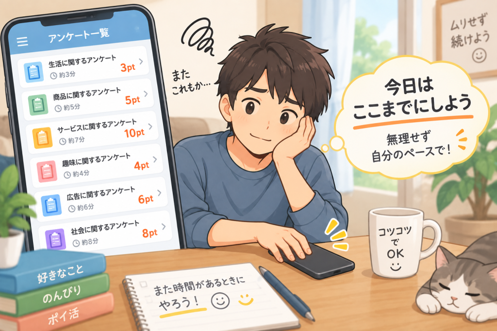 アンケートポイ活を無理せず自分のペースで続けるイメージ
