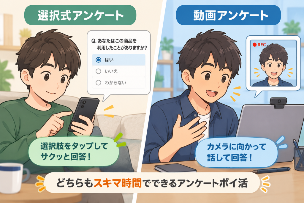 ポイ活の選択式アンケートと動画アンケートの回答方法を比較したイメージ
