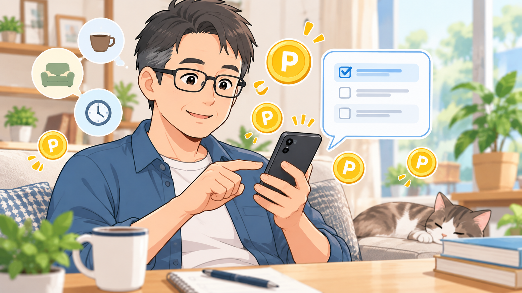 自宅でスマホのアンケートに回答してポイントを貯めるポイ活のイメージ