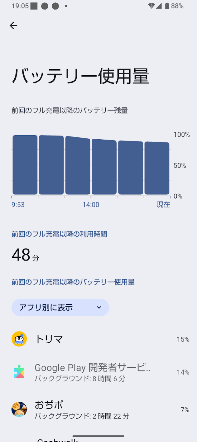 ポイ活アプリのバッテリー消費を比較し、トリマ15%、おぢポ7%だったAndroidの測定画面