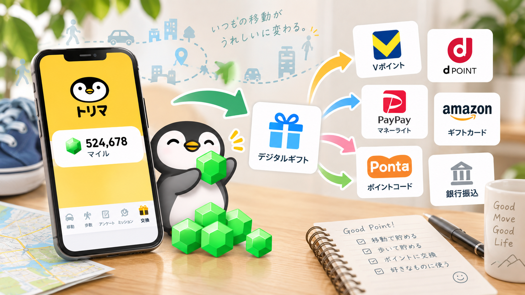 トリマで貯めたマイルをデジタルギフト経由でVポイントやdポイント、PayPayマネーライトなどに交換するイメージ