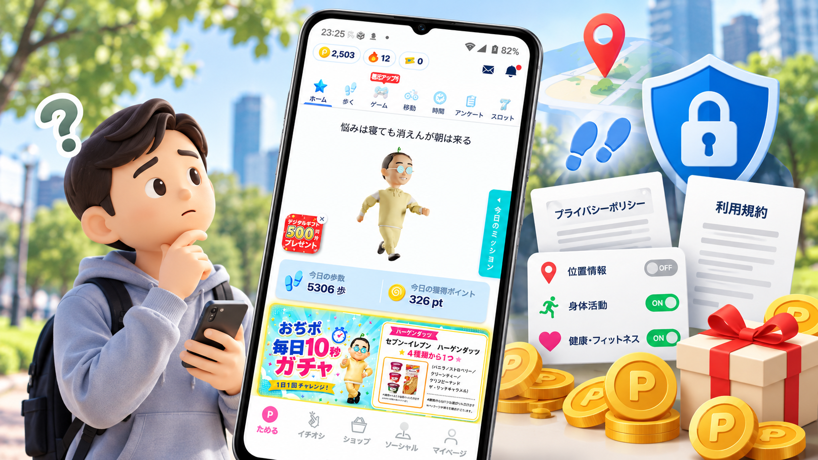 おぢポの危険性や安全性をイメージした画像。位置情報や身体活動へのアクセス権限、個人情報の取り扱いを表現